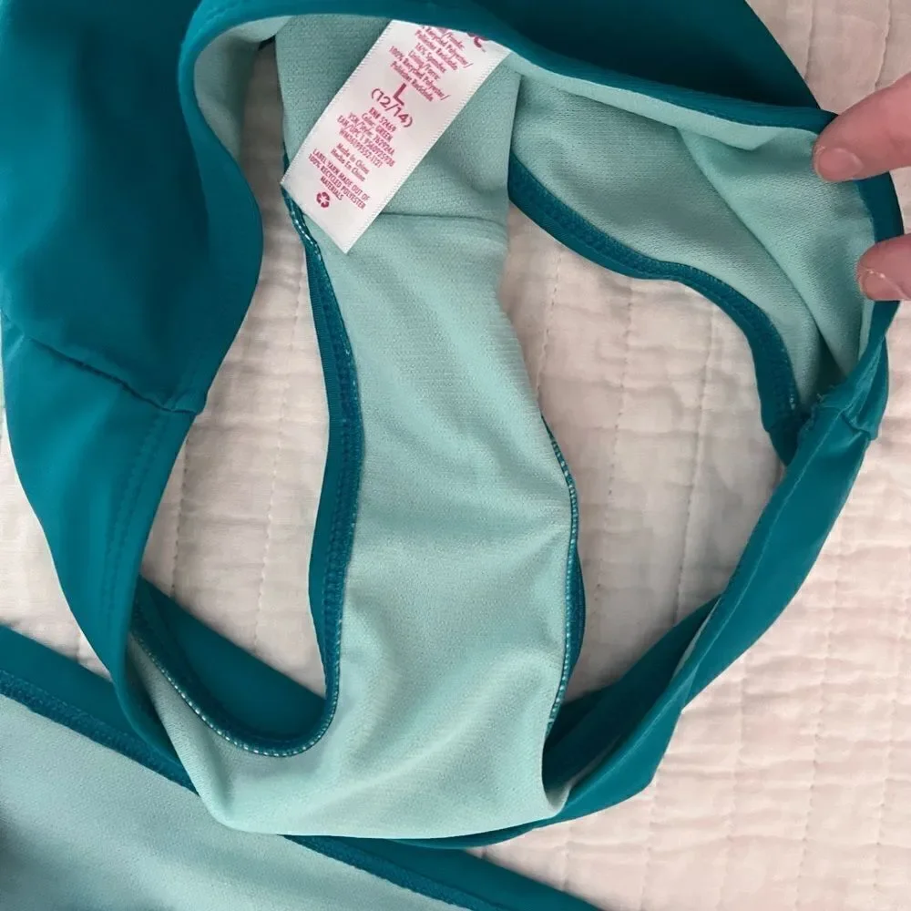 Girls Justice 3 piece set swim suit teal and floral and shorts size Large